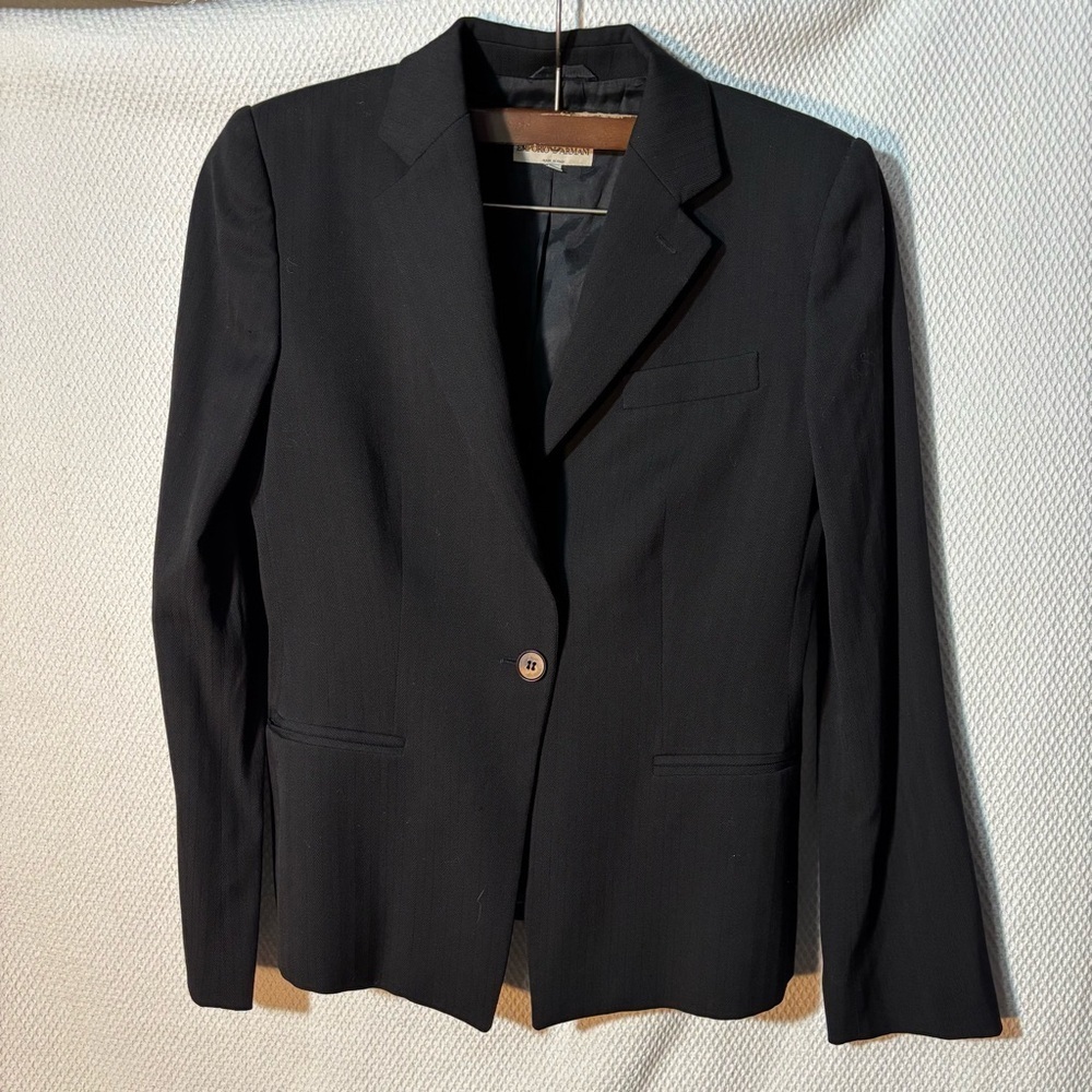 EMPORIO ARMANI Sz 10 Classic Black Blazer Textured Fabric Tweed Herringbone
